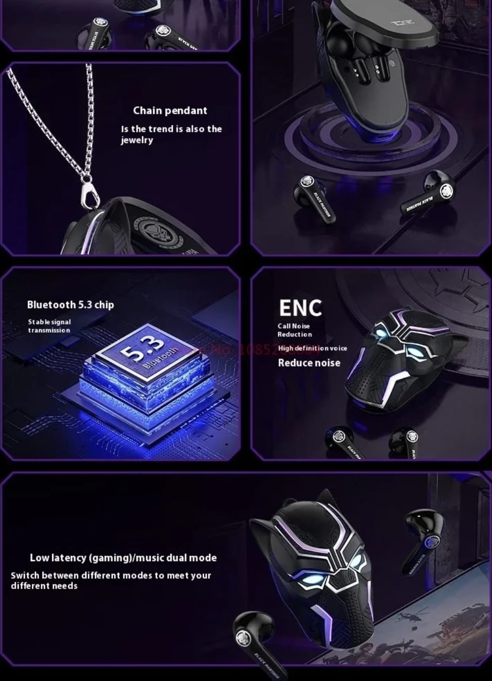 MARVEL Black Panther Joint  semi-in-ear BlueTooth Earphone wireless Games Gaming Gift Boys Intelligent noise reduction